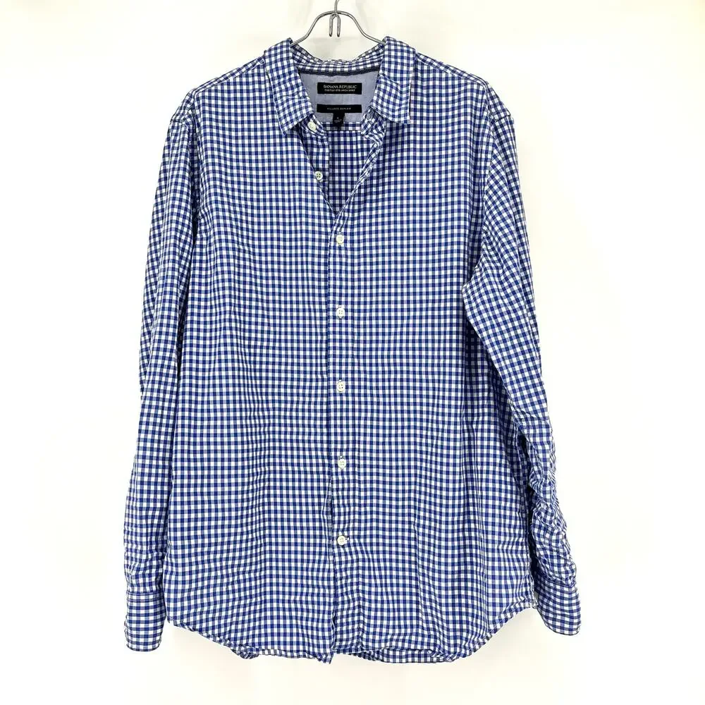 Banana Republic Mens custom 078 wash blue check button up‎ collared shirt (L)